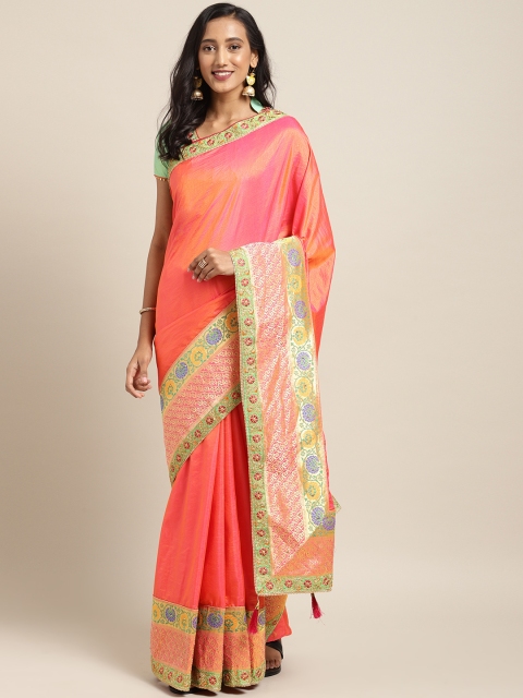 

Indian Women Orange Embroidered Poly Silk Saree