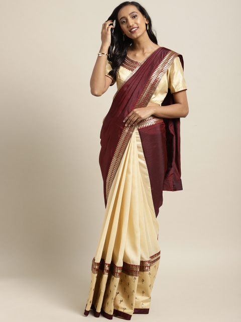 

Indian Women Maroon & Beige Embroidered Poly Silk Designer Saree