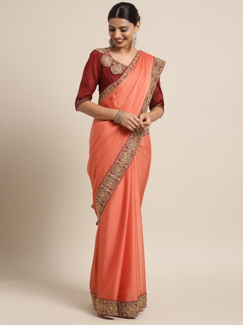 

Indian Women Peach-Coloured & Red Embroidered Poly Georgette Saree