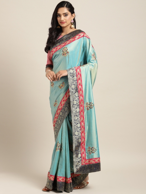 

Indian Women Turquoise Blue Poly Silk Embroidered Saree