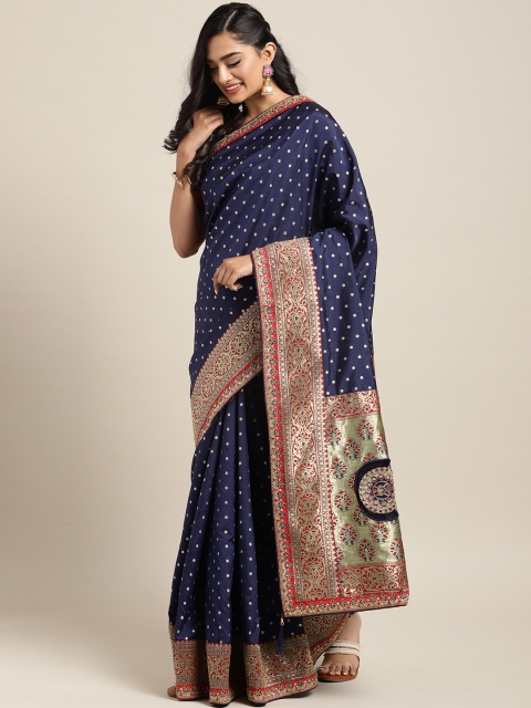 

Indian Women Navy Blue & Gold-Coloured Embellished Poly Silk Saree