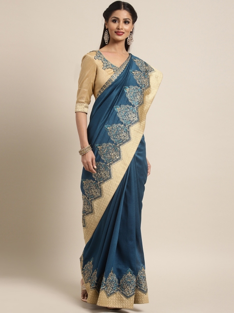 

Indian Women Teal & Gold-coloured Poly Silk Embroidered Saree