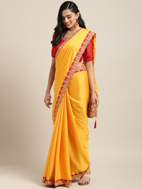 

Indian Women Yellow & Red Embroidered Poly Silk Saree