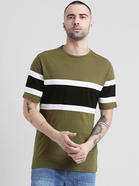 

Tinted Men Olive Green Striped Round Neck T-shirt