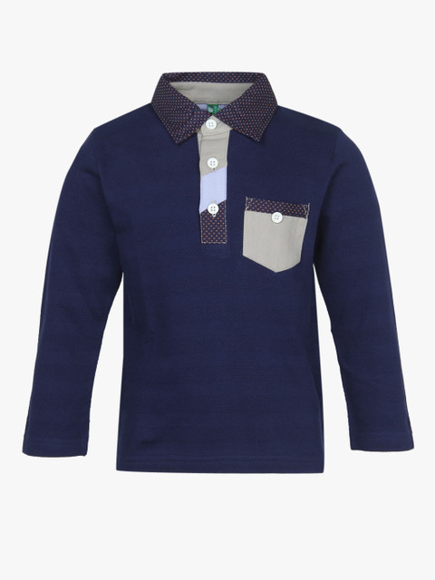 

United Colors of Benetton Boys Navy Blue Self Striped Polo Collar T-shirt