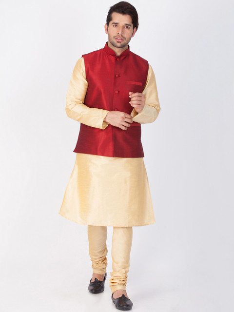 

VASTRAMAY Men Maroon & Gold-Toned Self Design Kurta with Churidar