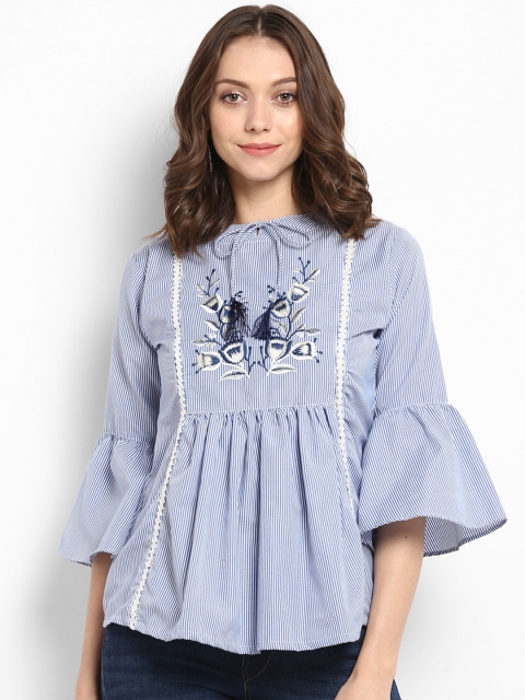 

Bhama Couture Women Blue Striped A-Line Pure Cotton Top