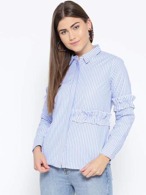 

Miss Bennett Women Blue & White Striped Ruffled Casual Shirt