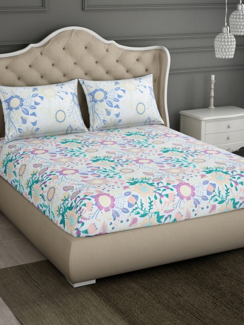 

SPACES Blue Floral 144 TC Cotton 1 Queen Bedsheet with 2 Pillow Covers