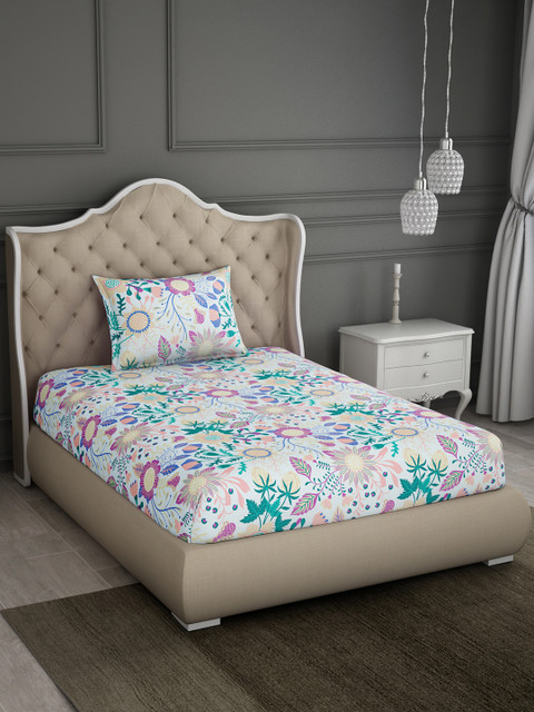 

SPACES Blue Floral 144 TC Cotton 1 Queen Bedsheet with 1 Pillow Covers