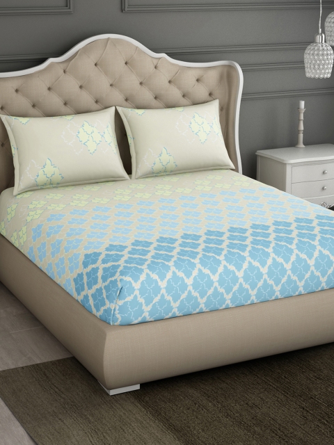 

SPACES Teal & Beige Abstract 144 TC Cotton 1 Queen Bedsheet with 2 Pillow Covers
