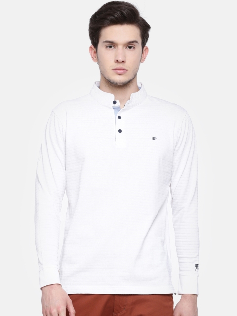 

t-base Men White Self Design Mandarin Collar Pure Cotton T-shirt