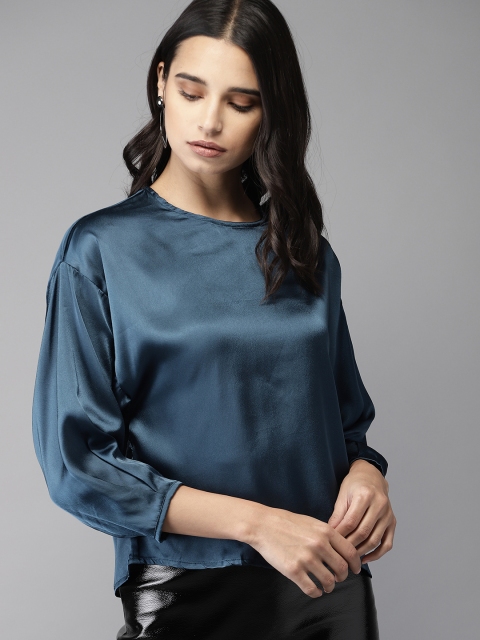 

Moda Rapido Women Teal Blue Solid Satin Regular Top
