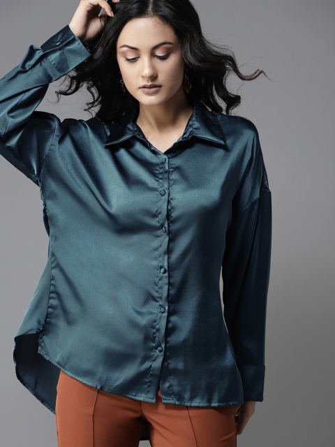 

Moda Rapido Women Teal Blue Regular Fit Satin Finish Solid Casual Shirt