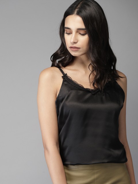 

Moda Rapido Women Black Solid Satin Regular Top