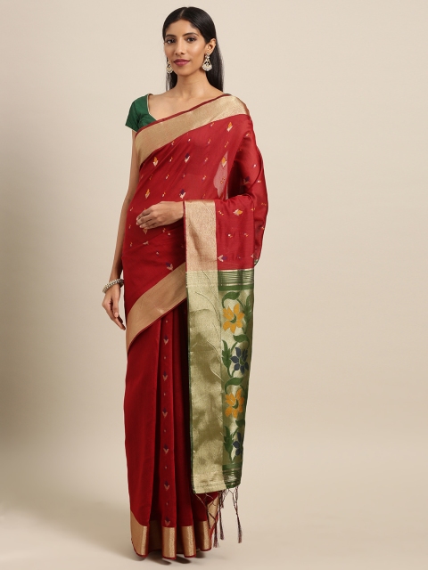 

Stylee LIFESTYLE Maroon & Green Silk Blend Woven Design Ikat Saree