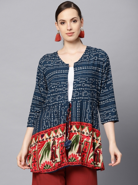 

Shree Navy Blue & Beige Bandhani Print Tie-Up Shrug