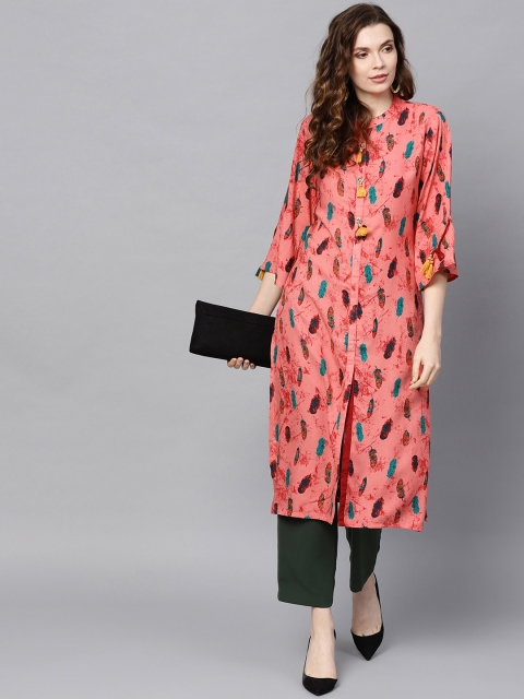 

Shree Women Coral Pink & Green Printed Straight Kurta