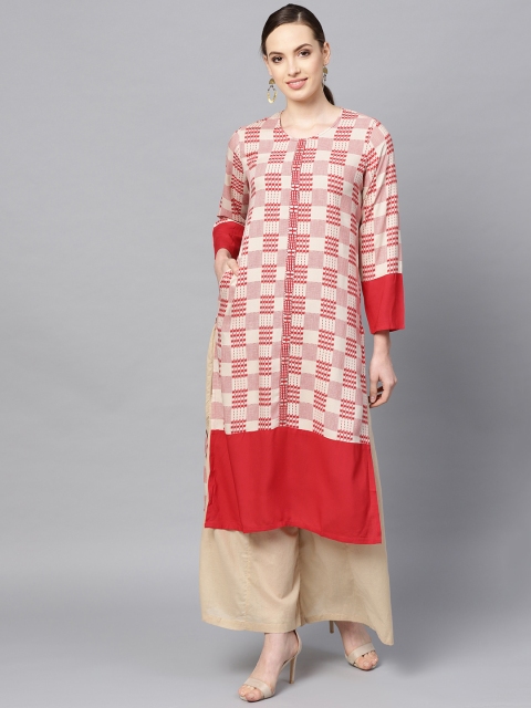 

Shree Women Beige & Red Printed Straight Kurta