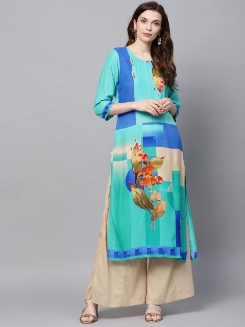 

Shree Women Blue & Green Printed Straight Kurta
