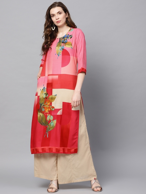 

Shree Women Pink & Red Printed Straight Kurta