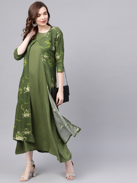

Shree Women Olive Green Solid Maxi Dress with Printed Ethnic Jacket