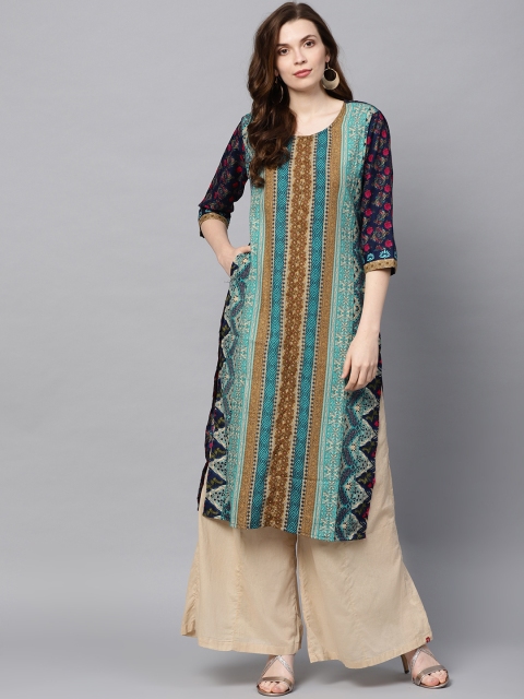 

Shree Women Green & Navy Striped Straight Kurta