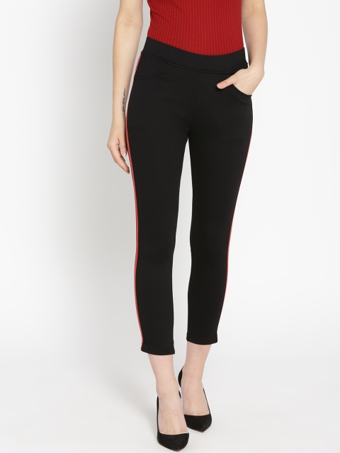 

Purple Feather Women Black Solid Side Striped Cropped Treggings