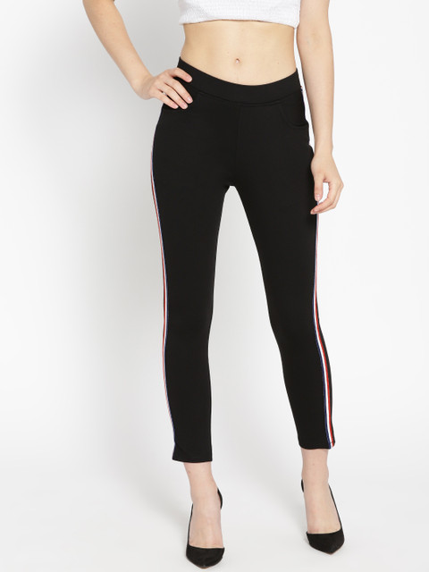 

Purple Feather Women Black Solid Side Striped Cropped Treggings