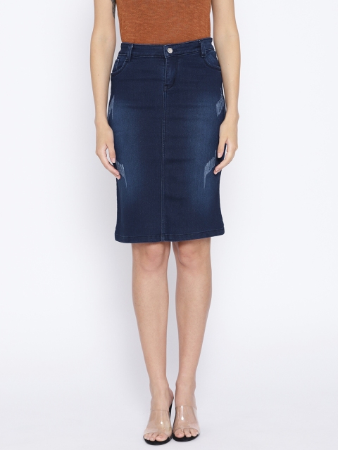 

Purple Feather Women Navy Blue Washed Denim Pencil Skirt