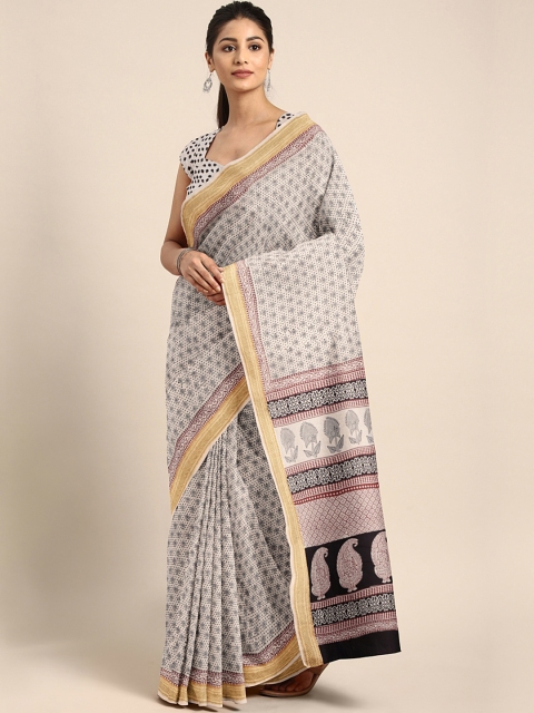

Kalakari India Off-White & Black Handblock Print Maheshwari Saree