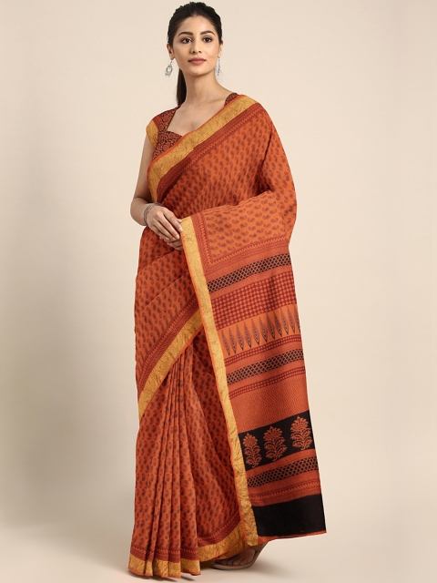 

Kalakari India Orange & Black Handblock Print Maheshwari Saree