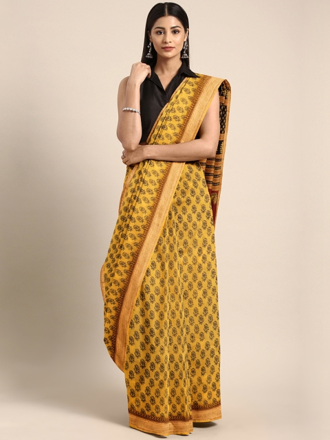 

Kalakari India Mustard Yellow & Black Handblock Print Maheshwari Saree