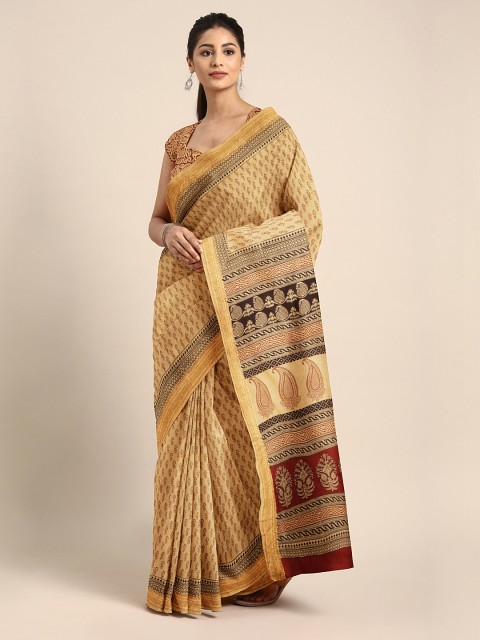 

Kalakari India Yellow & Maroon Handblock Print Maheshwari Saree