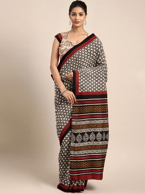 

Kalakari India Off-White & Black Handblock Print Saree
