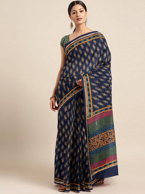 

Kalakari India Navy Blue & Mustard Yellow Handblock Print Chanderi Sustainable Saree
