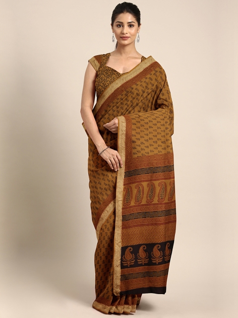 

Kalakari India Mustard Brown & Black Handblock Print Maheshwari Saree
