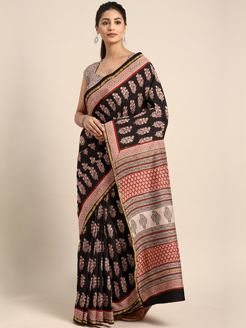 

Kalakari India Black & Beige Dabu Handblock Print Chanderi Sustainable Saree