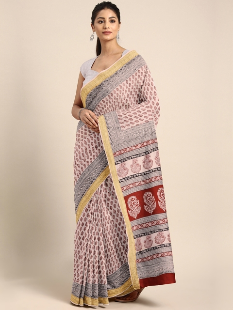 

Kalakari India Off-White & Maroon Handblock Print Maheshwari Sustainable Saree
