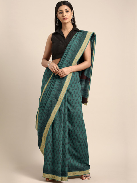 

Kalakari India Green & Black Handblock Print Maheshwari Sustainable Saree