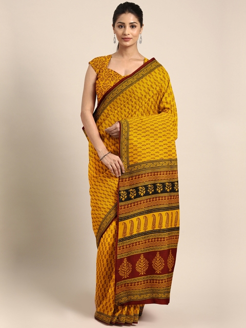 

Kalakari India Mustard Yellow & Maroon Printed Bagh Sustainable Saree