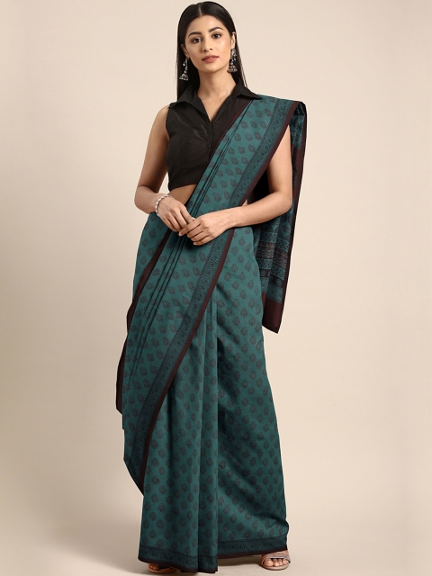 

Kalakari India Teal Blue & Maroon Handblock Print Bagh Saree
