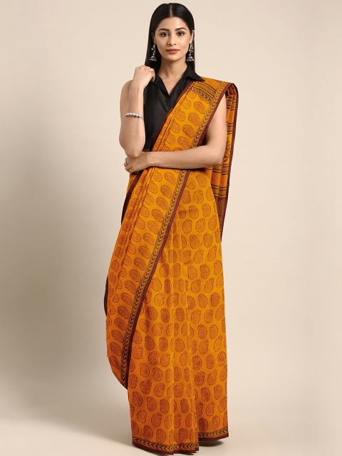 

Kalakari India Yellow & Maroon Printed Handloom Saree