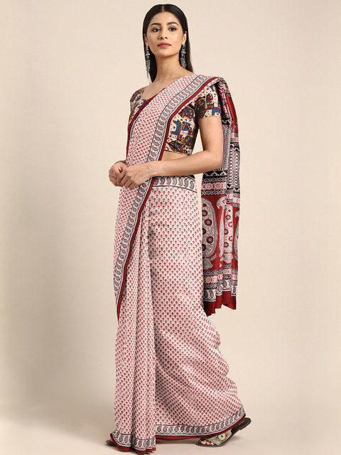 

Kalakari India Pink & Rust Brown Pure Cotton Handblock Print Saree