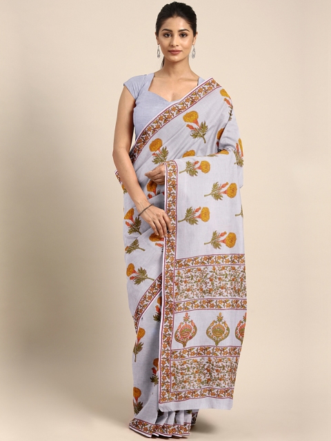 

Kalakari India Off-White & Mustard Yellow Hanblock Print Saree