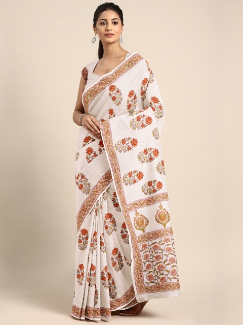 

Kalakari India Off-White & Orange Pure Cotton Handblock Saree