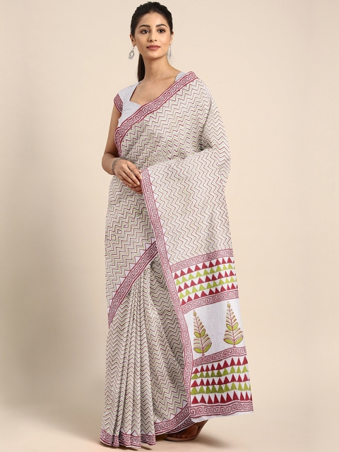 

Kalakari India Off-White & Green Handblock Print Saree