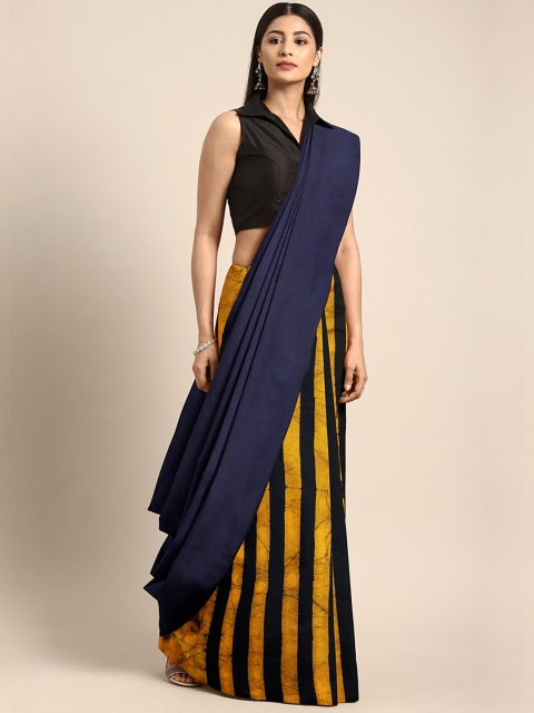 

Kalakari India Navy Blue & Yellow Handblock Print Sustainable Saree