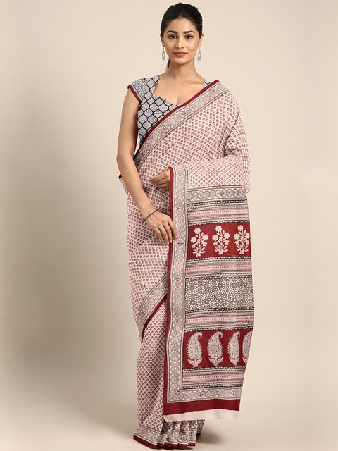 

Kalakari India Pink & Maroon Handblock Print Sustainable Saree