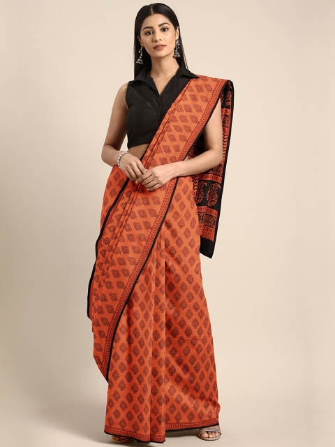 

Kalakari India Orange & Black Pure Cotton Printed Bagh Saree